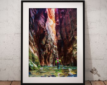 Zion Narrows Painting Print, Zion National Park Art, Slot Canyon, Hiker