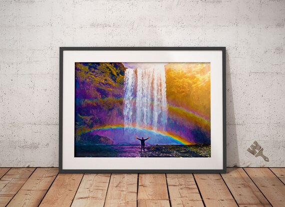 Iceland Waterfall Painting Print, Skogarfoss painting, Iceland wall art, rainbow painting, inspirational art, natural beauty, Iceland print
