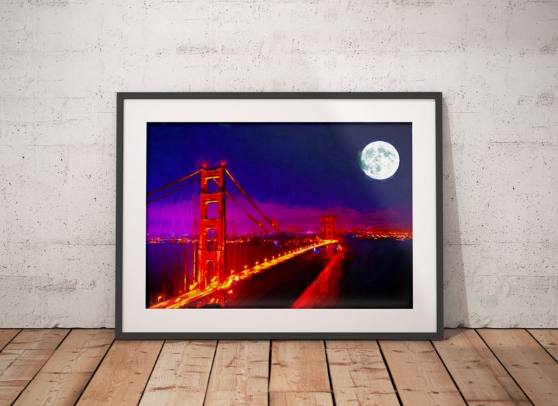 Golden Gate Bridge Print, San Francisco Painting, Moon Golden Gate Bridge Print, San Francisco Painting, Moon