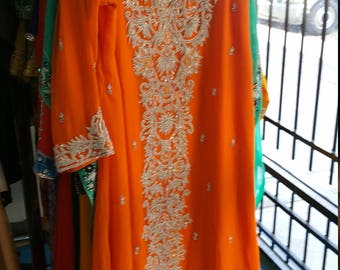 Vestido caftán de gasa naranja con cuentas bordadas a mano, talla 2XL