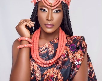 Handmade Igbo Bridal Beaded Jewelry Set: Crown, Necklace, Bangles