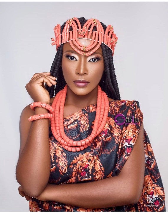 Handmade Igbo Bridal Beaded Jewelry Set: Crown, Necklace, Bangles