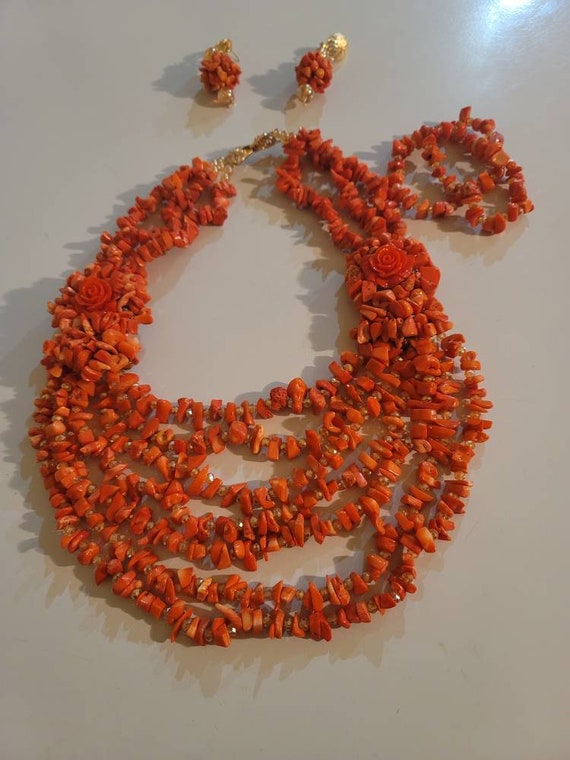 New Real Bamboo Coral Chipped Necklace Set 3 Pcs Jewelry Set coral