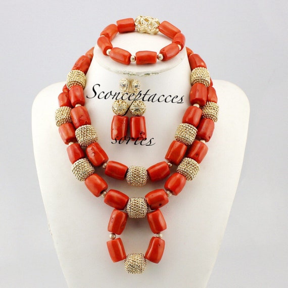 New coral bead set3 step coral necklace setauthentic coral mix gold plated accessories jewelry set
