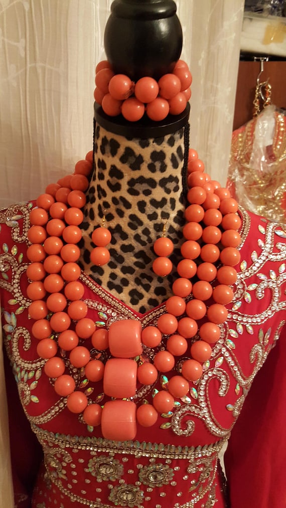 Buy African Coral Bead/ 3 Step Coral Colour Bead With Earing and 2 Bead  Bangle/ African Styled Coral Bead Set Online in India - Etsy