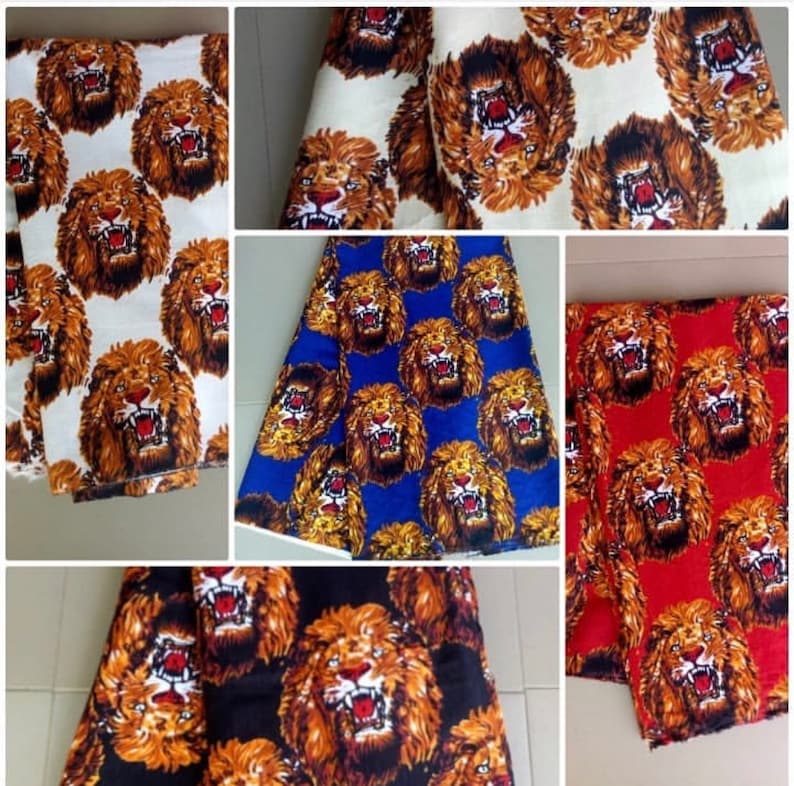 May include: Five fabric swatches with a repeating pattern of a lion's face. The swatches are in white, blue, red, and black backgrounds.