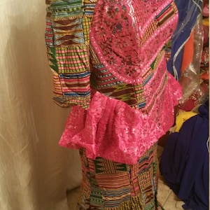 Kente African Fabric made with samples lace with front Beading African Fabric Ghana Print Plus size African 2 piece top and bottom Set
