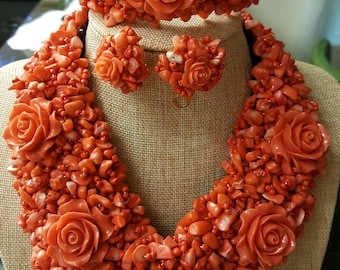 Authentic Rose Coral Choker Set: Wirework Jewelry