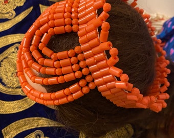 New Bridal Hat/African Bridal hat/wedding bead hat/coral color bead hat/Free size elastic bead