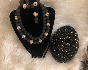 New Lava stone round beaded jewelry set/wedding hand beaded set/3 piece jewelry set/ bridal wedding set/African bridal set/luxury bridal set