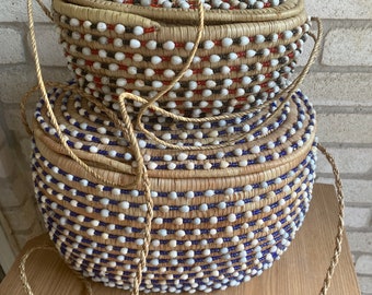 New Traditional Raffia Basket/Hand made Raffia beads basket/large size basket/Collectables hand made basket/ raffia basket