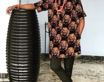 Top de terciopelo Isi Agu auténtico: estampado de león africano, conjunto con cuentas
