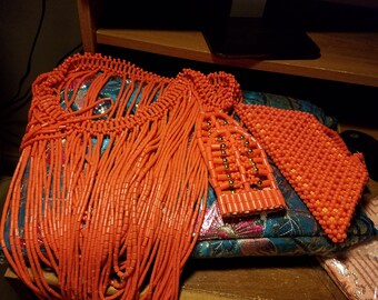 African Wedding Set: Silk George, Beaded Cape, Gloves, Purse