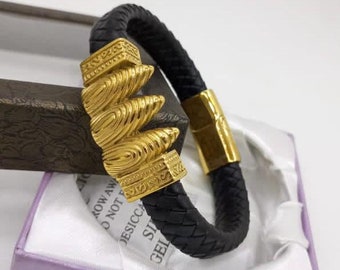 Unisex Leather Bracelet/male bracelet/Black bracelet/free size male leather bangle/gold plated Accessories