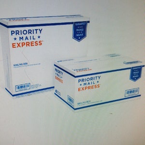 May include: Two Priority Mail Express boxes, one larger than the other, both white with blue trim and the words "Priority Mail Express" printed on them.