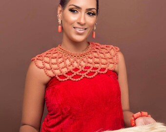 African Queen Coral Bead Set: Hat & Shoulder Blouse