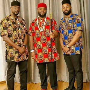 Male Isi Agu Top with chain button to match & Hat sold as a set/ Traditional Velvet lion print fabric/ Groomsmen Velvet top