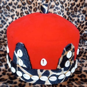 New Nze Red Traditional Hat/Wedding Hat/Men wedding Igbo Hat/Cowries mix Animal skin fabric
