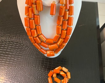 New Bead set/Bridal orange beads 3 piece set/3 piece Set/wedding set/hand made beads/Nigeria beads set