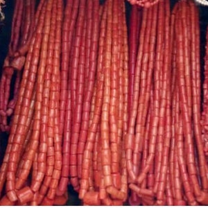 New Long Coral color Bead/Edo Coral Bead/ Edo Long Coral Bead/African shop of jeweries/long African coral bead.