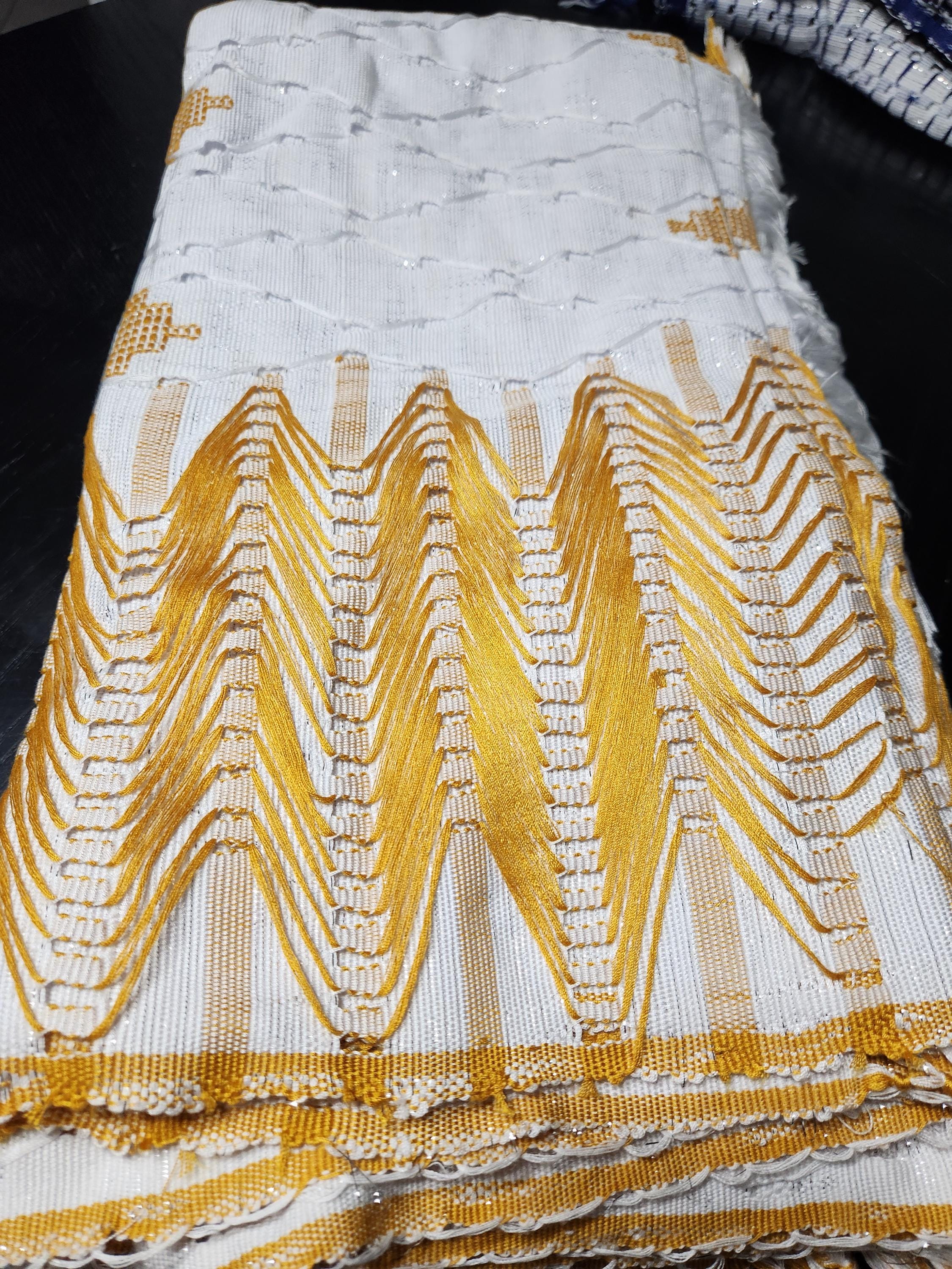Hand Woven Cotton George Fabric: White & Gold Wedding Akwa Ocha, 3