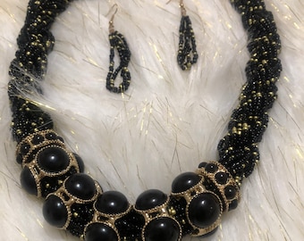 Black Bead Jewelry Set, Gold Plated Necklace and Earrings