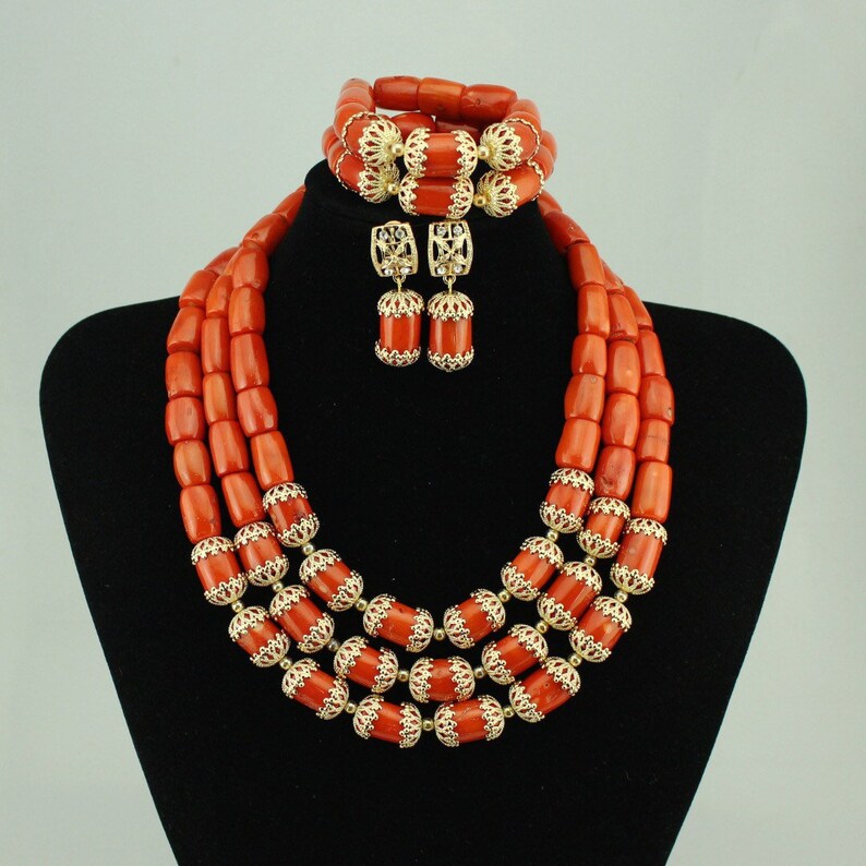 New coral bead set3 step coral necklace setauthentic coral mix gold plated accessories jewelry set