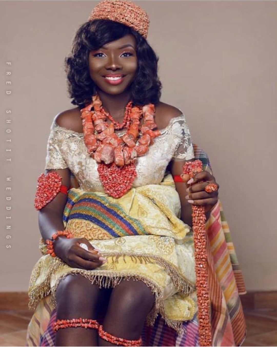 Kalabari Bridal Accessories Set beaded Stick hat bib Necklace 2 Irregular Coral Bead arm Bead 10 Set Beads Set Etsy