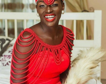 Red Bridal Beaded cape plus head bead set/ Beaded blouse / Blouse/ Bead Hat/ Nigerian Jewelry set