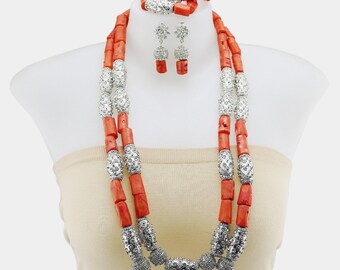New 2 step original bamboo coral set/coral beads mix silver accessories/wedding coral beads/Edo coral beads/original bamboo coral