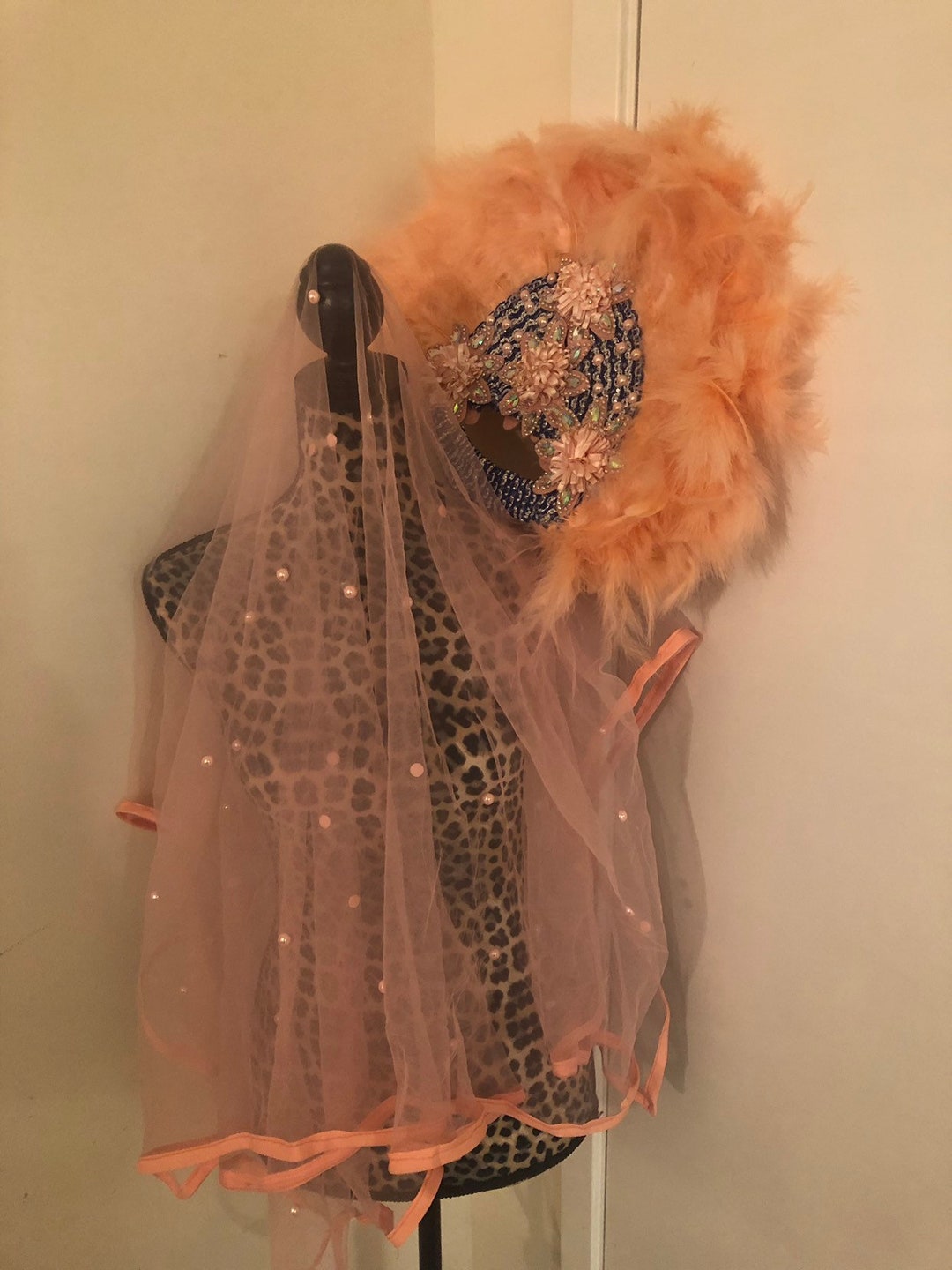 Bridal Beaded Peach Color Veil Abd Matching Bridal Fan Sold as Set ...
