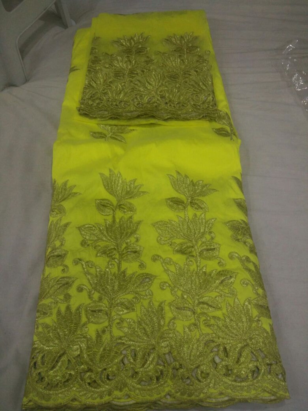 Raw Silk George Fabric With Net Blouse, Gold Floral African Wedding Set ...