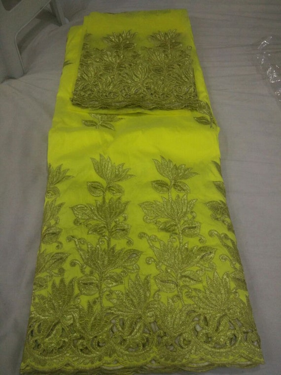 Raw Silk George Fabric with Net Blouse, Gold Floral African Wedding Set