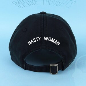 "Nasty Woman" Embroidered Adjustable Cotton Cap - Navy Low Profile Hat - View #12