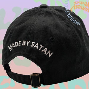 Made by Satan Dad Hat Embroidered Black Baseball Cap Low Profile Custom Strap Back Unisex Adjustable Cotton Baseball Hat Made in USA