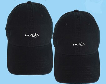 SET OF 2 Mrs. + Mr. Hats Embroidered Black Baseball Cap Low Profile Strap Back Unisex Adjustable Baseball Hat