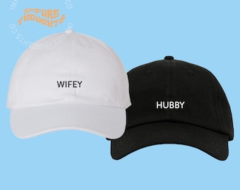 SET OF 2 Wifey and Hubby Dad Hat Embroidered Black Baseball Cap Low Profile Strap Back Unisex Adjustable Baseball Hat
