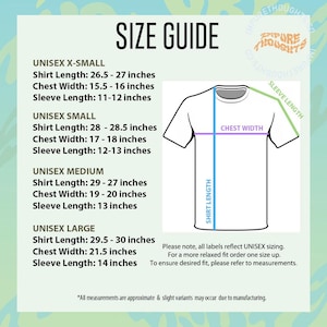 May include: A white t-shirt size guide with measurements in inches for unisex sizes X-Small to Large. The guide includes shirt length, chest width, and sleeve length. The text "SIZE GUIDE" is at the top.