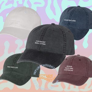CUSTOM Subtle TINY Text Embroidered on Solid or Vintage Washed Hat Baseball Cap Personalize Small Letters Choose Your Own Colors Made in USA