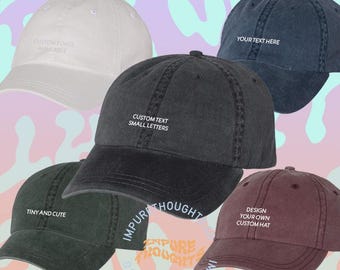 CUSTOM Subtle TINY Text Embroidered on Solid or Vintage Washed Hat Baseball Cap Personalize Small Letters Choose Your Own Colors Made in USA