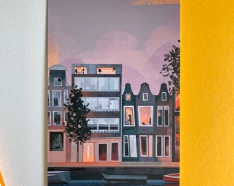 City life in Amsterdam postcard / print