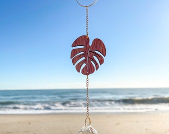 Suncatcher with Wood Monstera Leaf and Gold Chain