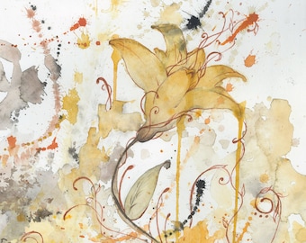 Abstract floral watercolour print, wall art in earth-tones and mustard yellow