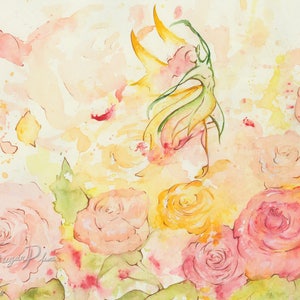 Bright and colourful watercolour print, fairy ballerina with abstract roses, gift for dancers and girls