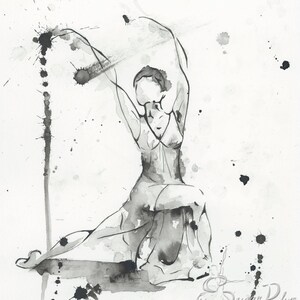 Ballerina d'arte astratta in bianco e nero, elegante stampa ad acquerello per regali di ballerini e insegnanti di danza