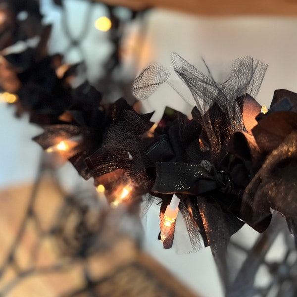 Halloween Lighted Garland | Fall Rag Garland | Halloween Stairway Rag Garland | Black Rag Lighted Garland | Fabric Garland | Mantle Decor