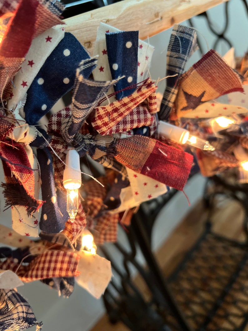 Summer Lighted Garland 4th of July Summer Rag Garland Stairway Rag Garland Patriotic Rag Lighted Garland Fabric Garland Mantle Decor image 4