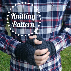 May include: A pair of black fingerless gloves with a knitted pattern. The gloves are being worn by a person wearing a red and blue checked shirt. The text "Knitting Pattern" is written in a white circle with white dots around the edge.