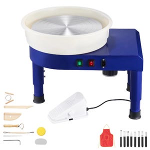 May include: A blue electric pottery wheel with a white basin and a circular metal wheel head. The unit features a green power switch, a red toggle switch, and a black power port. Included are a white foot pedal, a red apron, and various clay sculpting tools.
