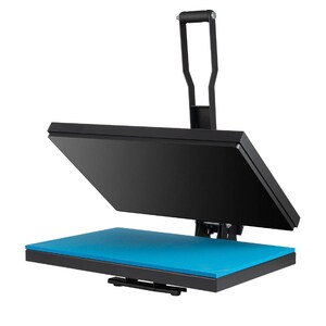 May include: Black heat press with a blue heat plate and a handle. The press is open and the heat plate is raised.